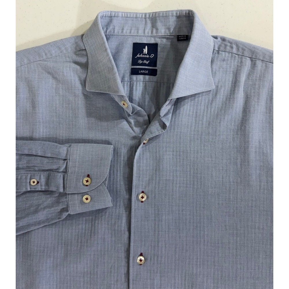 Johnnie-O Augustin Button Up Large Laguna Blue Herringbone Cotton Preppy Office